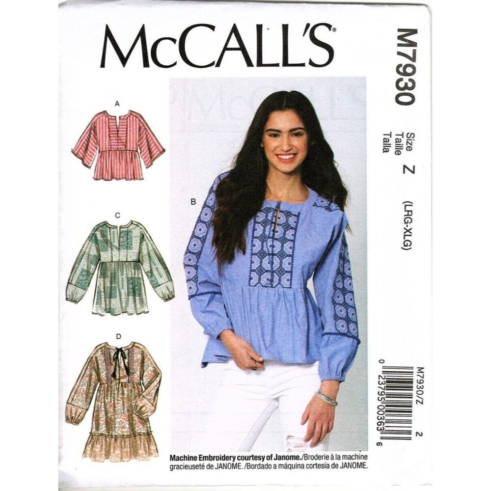 McCall's M7930 Misses L to XL Easy Boho Casual Tops Uncut Sewing Pattern New